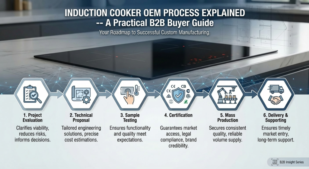 Induction cooker OEM factory operation process showing engineering evaluation, testing, certification, and mass production workflow